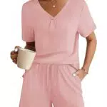 Ekouaer Damen Schlafanzug Kurz Pyjama Set Elegant Nachtwäsche weich mit Tasche
