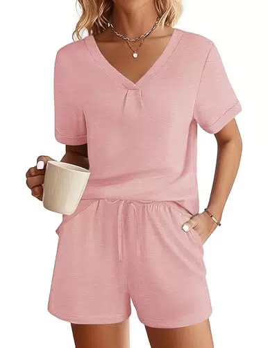 Ekouaer Damen Schlafanzug Kurz Pyjama Set Elegant Nachtwäsche weich mit Tasche