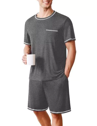 Ekouaer Herren Pyjama Kurzarm Schlafanzug mit Taschen und Hose