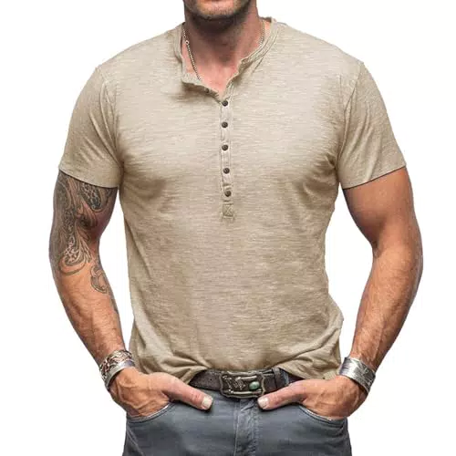 Henley Herren Kurzarm V-Ausschnitt Slim Fit T-Shirt mit Knöpfen