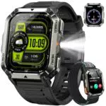 IOWODO Militär Smartwatch Herren mit LED Taschenlampe, Kompass und Bluetooth