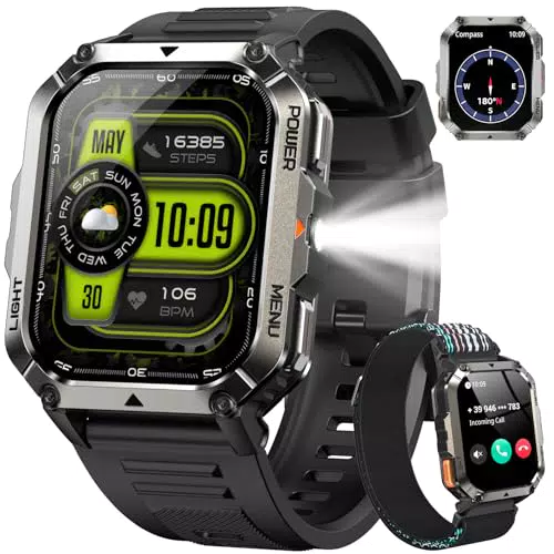 IOWODO Militär Smartwatch Herren mit LED Taschenlampe, Kompass und Bluetooth