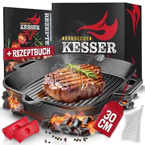 KESSER® Gusseisen Grillpfanne Induktion für Gasgrill und Backofen - Steakpfanne mit Zubehör