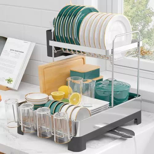 Kitsure Abtropfgestell Geschirr – 2-Tier rostfreies Geschirrabtropfgestell für Küchen