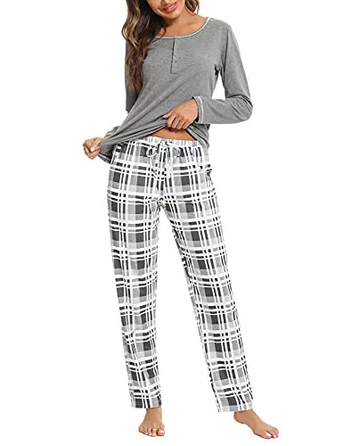 Litherday Schlafanzug Damen Lang Baumwolle Kariert Winter Pyjama Set