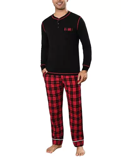 Litherday Herren Schlafanzug Kariert Pyjama Set aus Baumwolle für den Winter