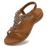 Littleplum Damen Sandalen Flach mit Strass und Perlen für den Sommer