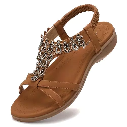 Littleplum Damen Sandalen Flach mit Strass und Perlen für den Sommer