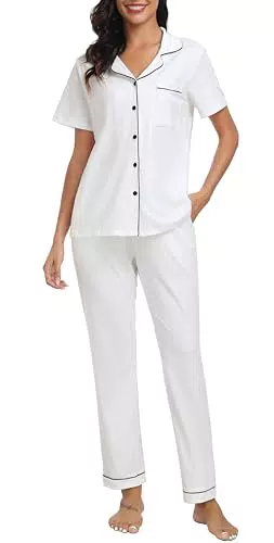 Lovasy Damen Schlafanzug Winter Lang Pyjama Set Zweiteiliger Kuschel Langarm Hausanzug Damen 2-Teilig Schlafanzüge Knopfleiste mit Taschen