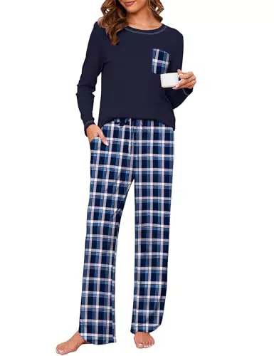 Namatime Schlafanzug Damen Langarm Pyjama Baumwolle Kariert Loungewear