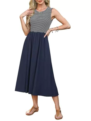 NANYUAYA Gestreiftes Ärmelloses Midikleid für Damen - Ideales Outfit für die Einschulung