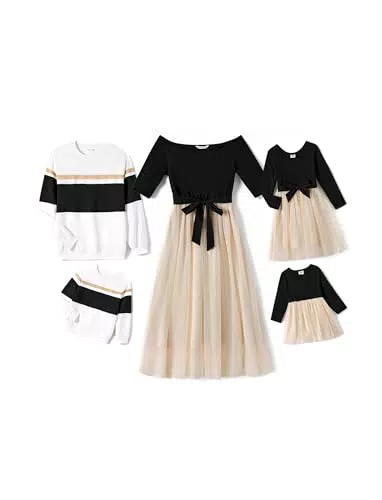 PATPAT Familien Outfit Set Langarm - Partnerlook Mutter Tochter Kleid Langarm T-Shirt & Mutter Kind Kleider Mama Tochter Kleidung für Herbst & Frühling