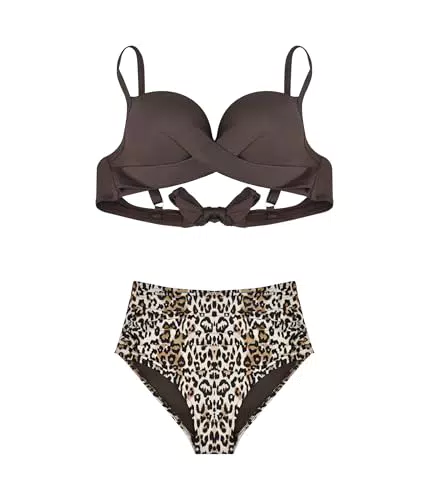 POWER FLOWER Damen Tummy Control Hochtailliertes Bikini Set Push-Up Badeanzug Leopard Print Höschen Zwei Teile Badebekleidung