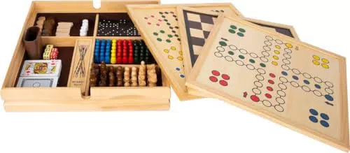 Small Foot Spielesammlung in massiver Holzkiste – Klassische Gesellschaftsspiele für Kinder ab 6 Jahren, Art. 11753