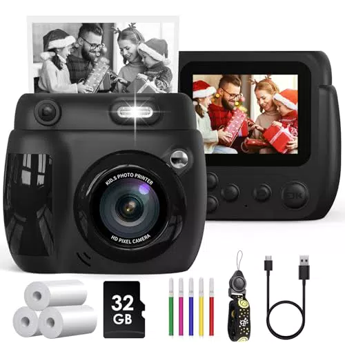 Gofunly Sofortbildkamera Kinder mit 32GB Karte und Druckpapier, 1080P HD
