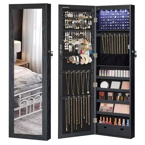 SONGMICS Schmuckschrank mit Spiegel, abschließbar, für Halsketten und Ohrringe