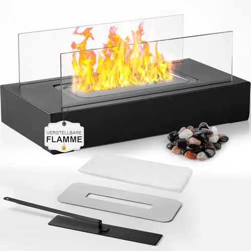 Tischkamin, Tischfeuer Outdoor & Tischfeuer Indoor, Bio Ethanol Kamin mit Verstellbare Flamme & Abnehmbarem Sicherheitsglas