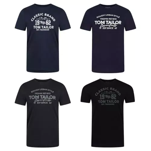 TOM TAILOR Tshirt Herren Baumwolle Regular Fit 4er Pack Set Rundhals Kurzarm Sommer Tee Shirt Logoprint 100% Baumwolle