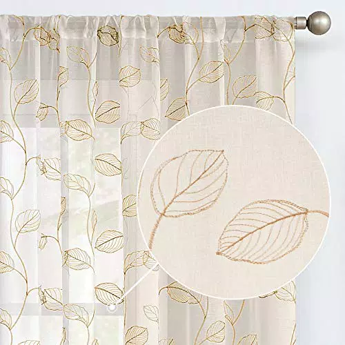 TOPICK Vorhang Voile mit Blätter-Stickerei für Wohnzimmer und Schlafzimmer