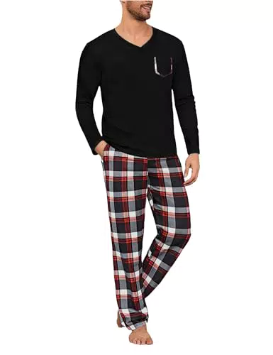 Uniexcosm Herren Schlafanzug Langarm V-Ausschnitt Pyjama Set Loungewear