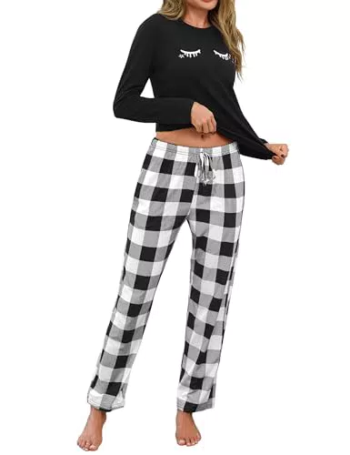 Uniexcosm Schlafanzug Damen Lang Pyjama Set Baumwolle Winter Nachtwäsche