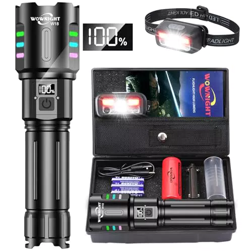WOWNIGHT LED Taschenlampe aufladbar, extrem hell mit 5 Modi für Outdoor-Einsätze