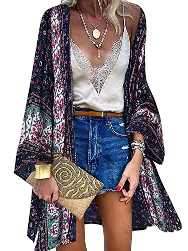 ZANZEA Damen Blumen Kimono Strickjacke Boho Strandkleid Poncho Cover Up