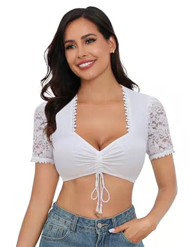 Zeagoo Dirndlbluse Damen - Elegante Trachtenbluse Kurzarm mit V-Ausschnitt
