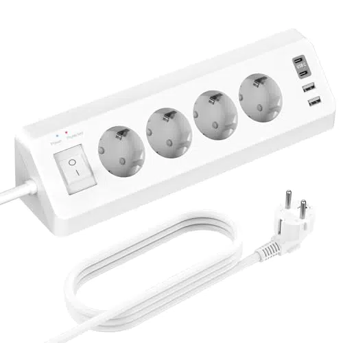 Steckdosenleiste mit USB-C und Schalter, Überspannungsschutz für Schreibtisch