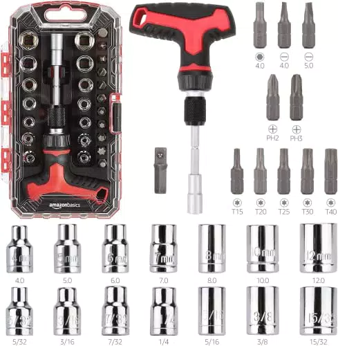 Amazon Basics Magnetisches Ratschen-Schlüssel-Set mit T-Griff und Schraubendreher