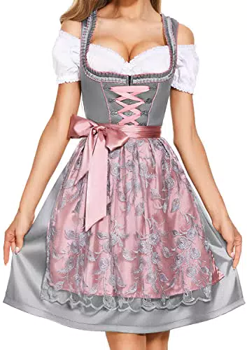 AMZHOTER Dirndl Damen Midi Trachtenkleid mit Dirndlbluse und Schürze für besondere Anlässe