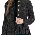 Belle Poque Damen Jacke Kragenlos Rundhals Button Down Rüschensaum Blazer