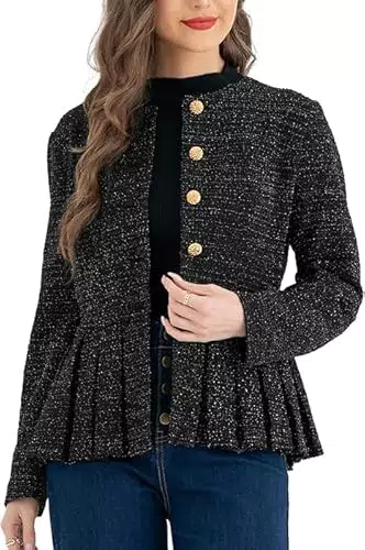 Belle Poque Damen Jacke Kragenlos Rundhals Button Down Rüschensaum Blazer