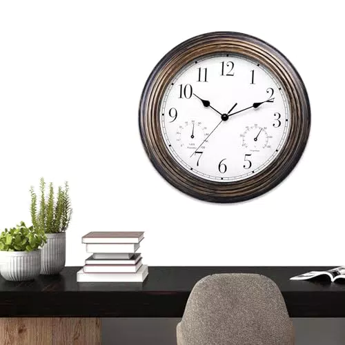 BORDEAG Außenwanduhr mit Temperatur und Feuchtigkeit – Lautlose Hygrometer Uhr