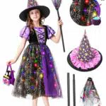 Charmofun Hexenkostüm für Mädchen mit LED-Lichtern und Zubehör – Halloween Kinder