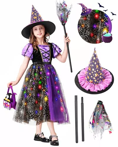 Charmofun Hexenkostüm für Mädchen mit LED-Lichtern und Zubehör – Halloween Kinder