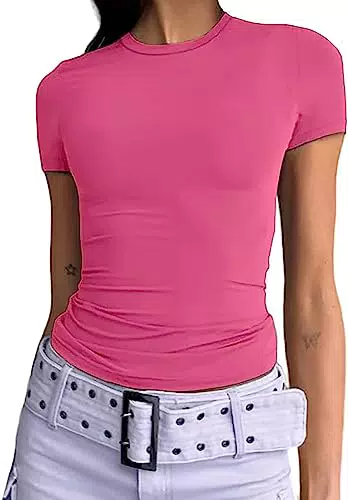 Damen Basic Kurzarm Crop Top Y2K Rundhalsausschnitt Slim Fit Tshirt