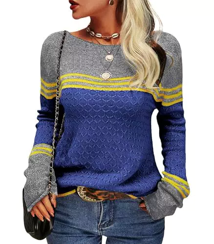 Stylischer Damen Pullover Rundhals Colorblock Slim Fit Langarm Strickpullover
