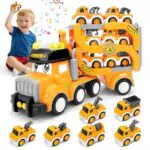 deAO Autotransporter Spielzeug mit Licht und Sound – Truck mit Rennstrecke