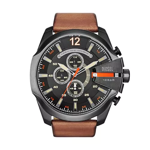 Diesel Herrenuhr Mega Chief, Chronographenwerk, 59mm Silber / Stahl Edelstahlgehäuse mit einem Lederarmband