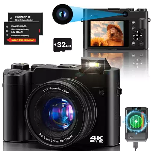 Digitalkamera 4K 64 MP Dual Kamera mit 32GB Speicherkarte und 16X Digitalzoom