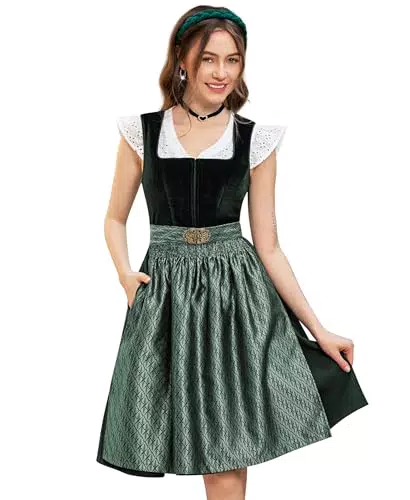 Dirndlstern Trachtenkleid Midi Samt Dirndl mit Dirndlschürzen für Oktoberfest