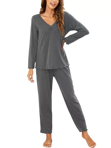 Ekouaer Damen Langarm Pyjama Set V-Ausschnitt Nachtwäsche Meerjungfrau