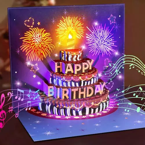 FITMITE 3D Geburtstagskarte mit Musik und Licht – Pop Up Kuchen Karte für Geburtstag
