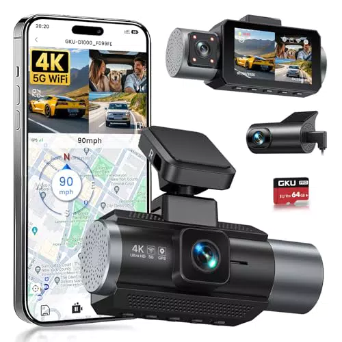 GKU 3-Kanal-Dashcam mit 4K, GPS, 5GHz WiFi und 64GB SD Karte