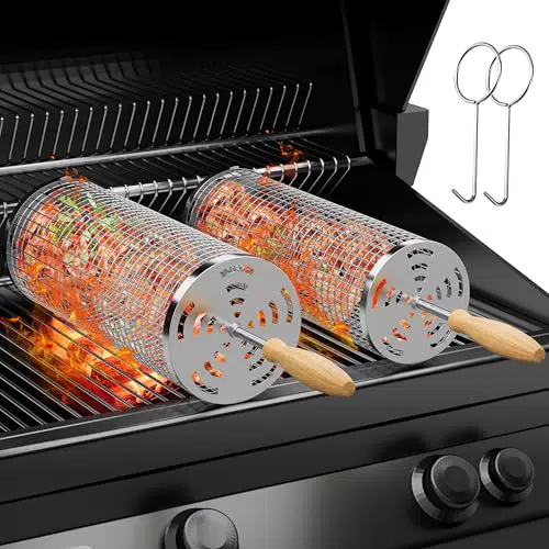 Grillkorb aus Edelstahl mit Holzgriff – Rund für Gemüse, Fleisch & Meeresfrüchte