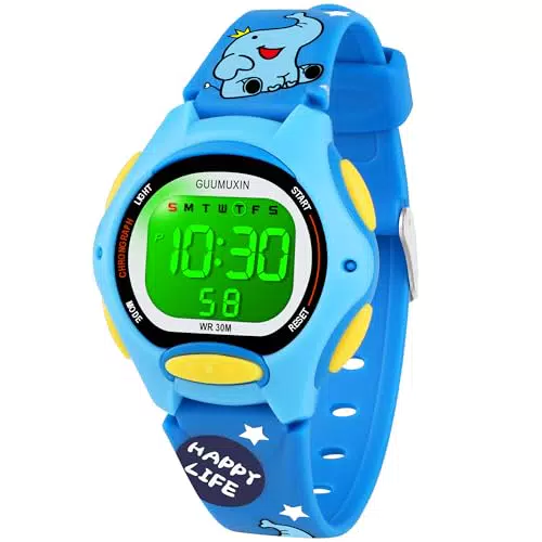 GUUMUXIN Kinderuhr mit LED-Beleuchtung und bedrucktem Armband, wasserdicht
