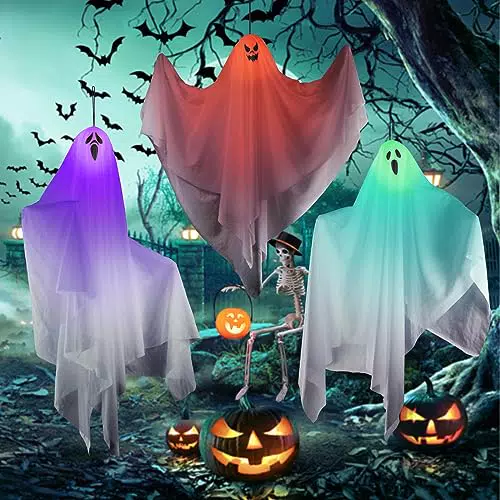 Halloween Deko Hängender Geist, LED Blinkende Hängedekoration für Innen und Außen