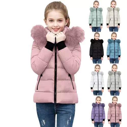 KODMNSW Mädchen Steppjacke mit abnehmbarer Fellkapuze - warme Winterjacke