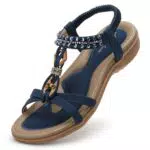 Littleplum Damen Sandalen Flache Sandalette Bohemia mit Strass und Perlen